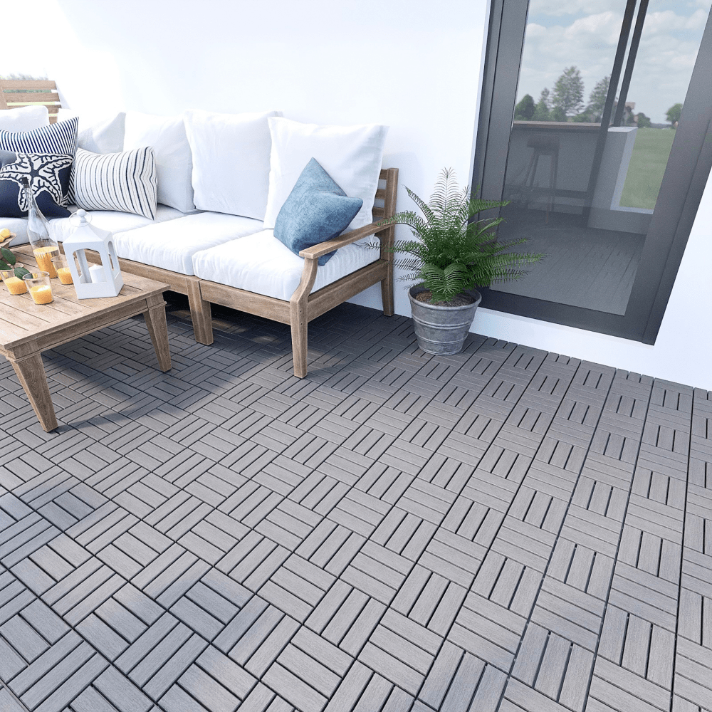 30 Interlocking Acacia Hardwood Deck Tiles 12x12 Light Gray Outdoor Flooring For Patio Balcony Poolside