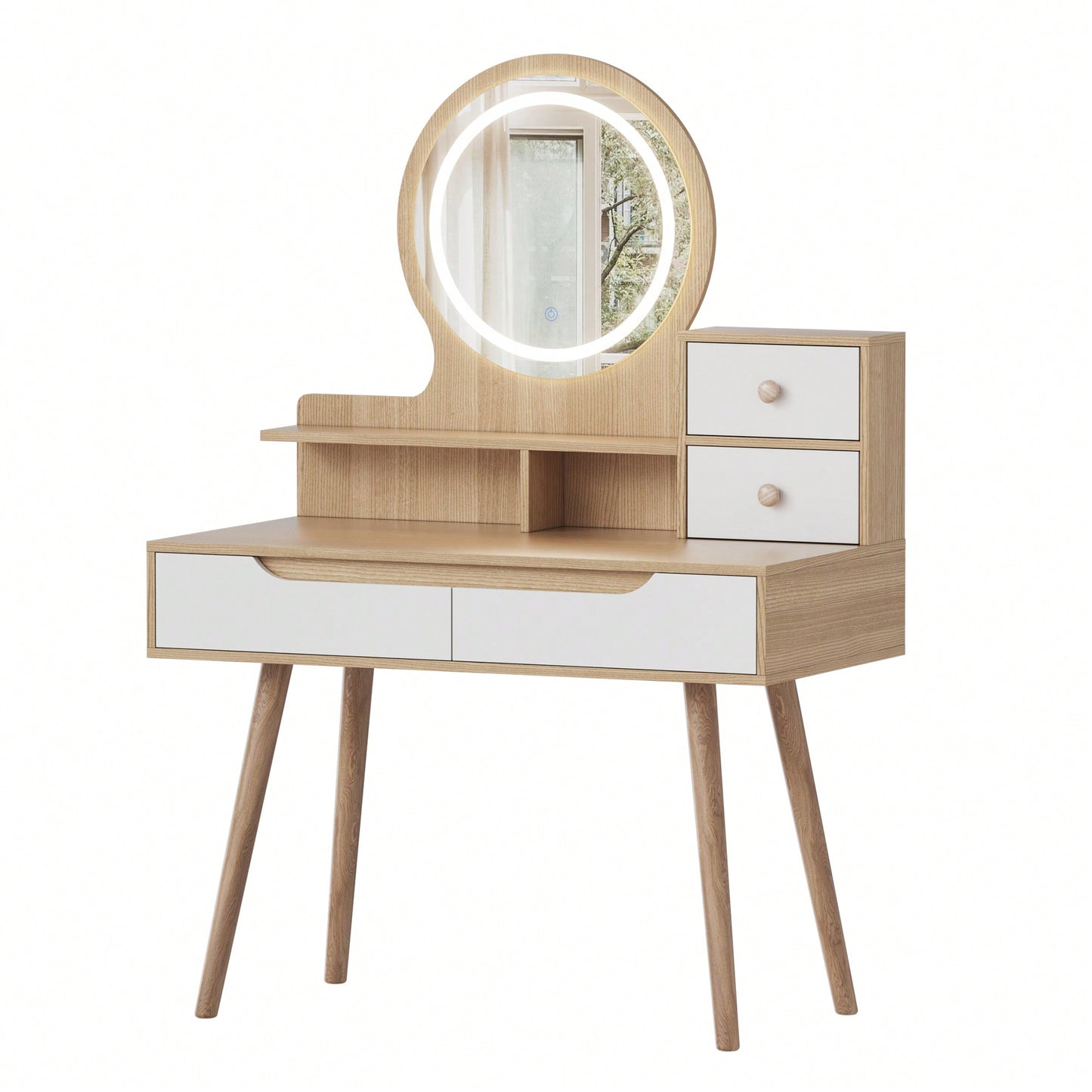 Lighted Makeup Vanity Desk With Adjustable Mirror Solid Wood Legs 4 Drawers And 3 Open Shelves For Small Space Bedroom