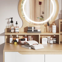 Lighted Makeup Vanity Desk With Adjustable Mirror Solid Wood Legs 4 Drawers And 3 Open Shelves For Small Space Bedroom