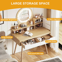 Lighted Makeup Vanity Desk With Adjustable Mirror Solid Wood Legs 4 Drawers And 3 Open Shelves For Small Space Bedroom