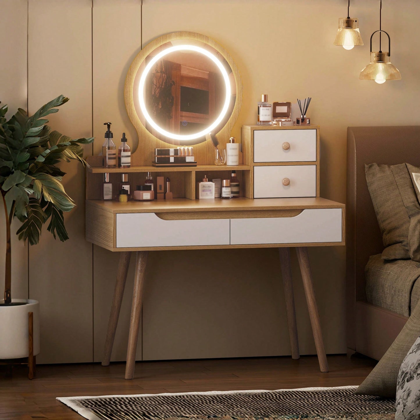 Lighted Makeup Vanity Desk With Adjustable Mirror Solid Wood Legs 4 Drawers And 3 Open Shelves For Small Space Bedroom