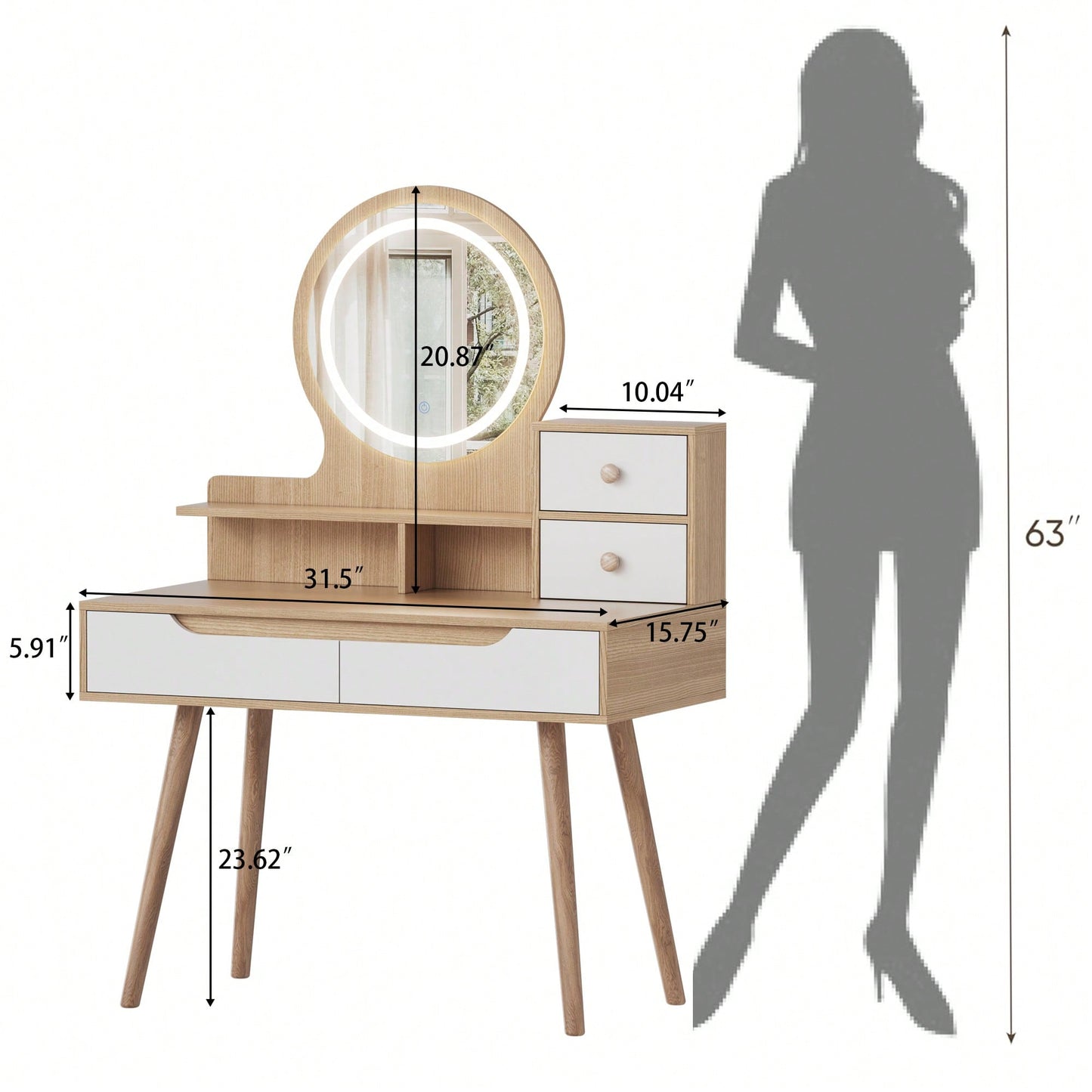 Lighted Makeup Vanity Desk With Adjustable Mirror Solid Wood Legs 4 Drawers And 3 Open Shelves For Small Space Bedroom