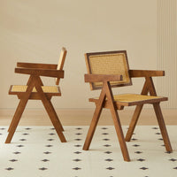 Set Of 2 Rubber Wood Dining Chairs With Rattan Weaving Armrests For Living Room Simple And Elegant Design Natural