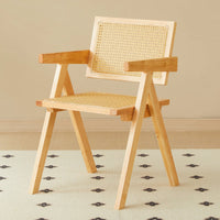 Set Of 2 Rubber Wood Dining Chairs With Rattan Weaving Armrests For Living Room Simple And Elegant Design Natural
