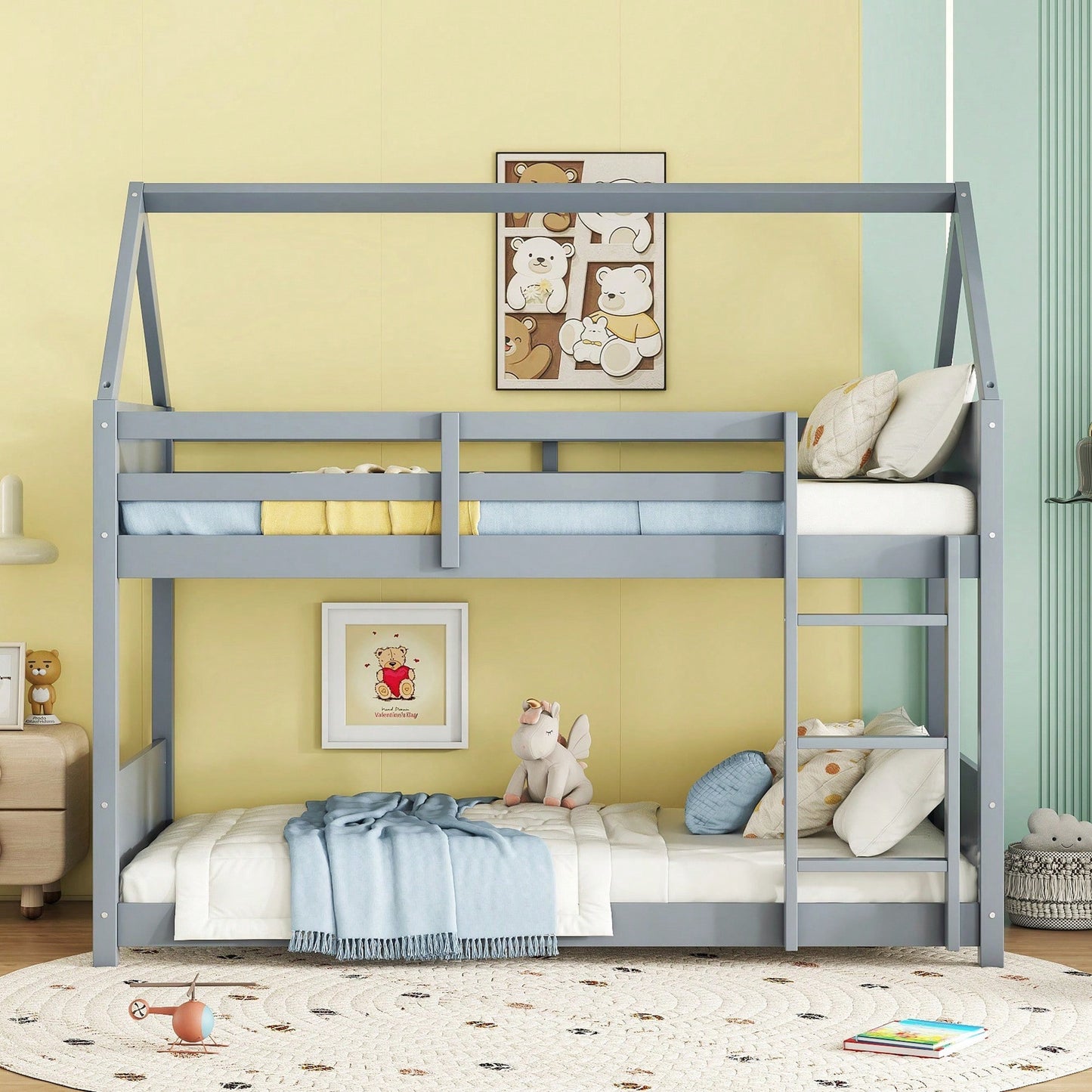 Twin Over Twin Bunk Bed With Headboards Footboards Guardrails And Ladder Rubber Wood Construction Light Grey