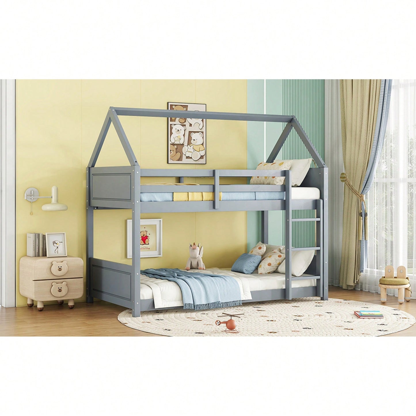 Twin Over Twin Bunk Bed With Headboards Footboards Guardrails And Ladder Rubber Wood Construction Light Grey