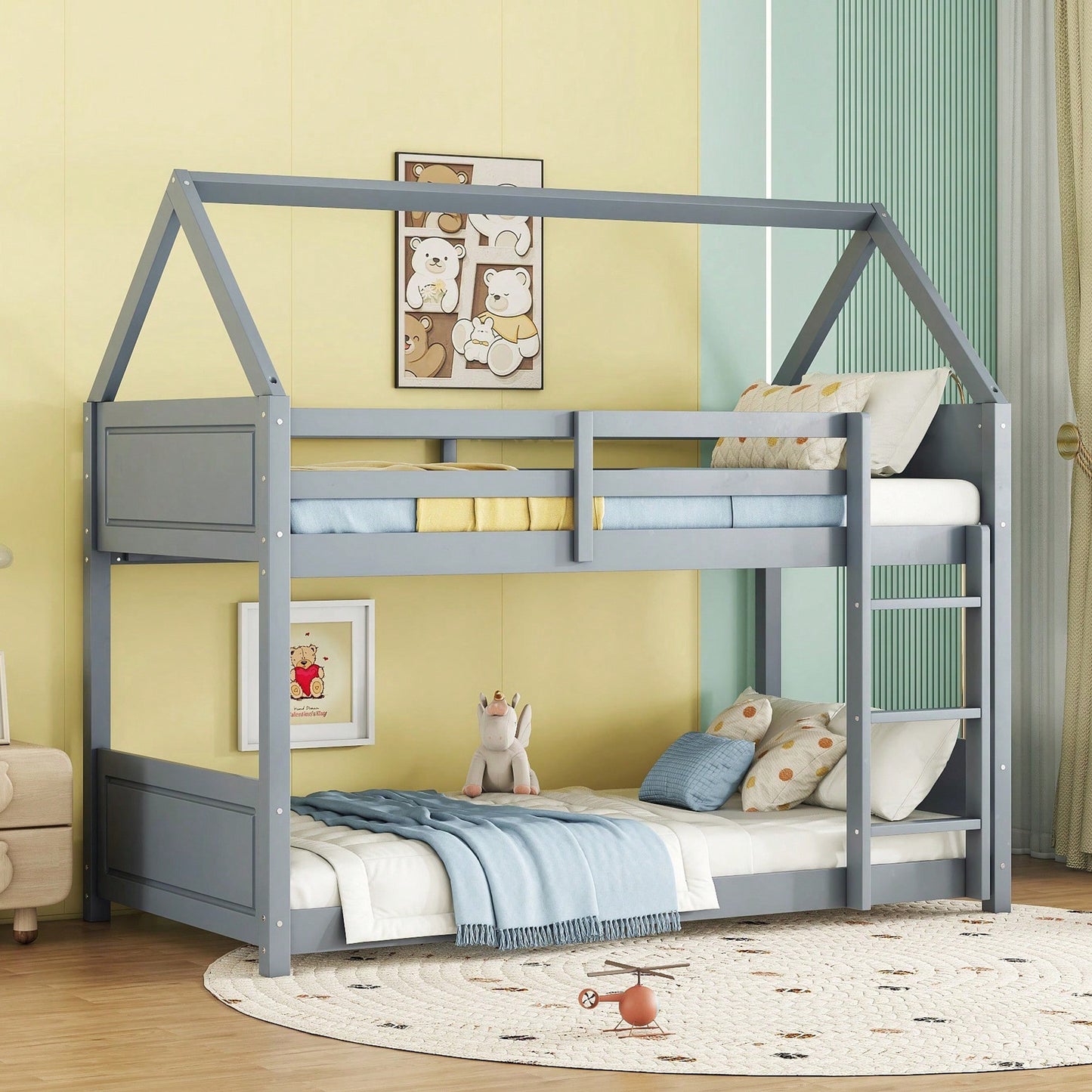 Twin Over Twin Bunk Bed With Headboards Footboards Guardrails And Ladder Rubber Wood Construction Light Grey