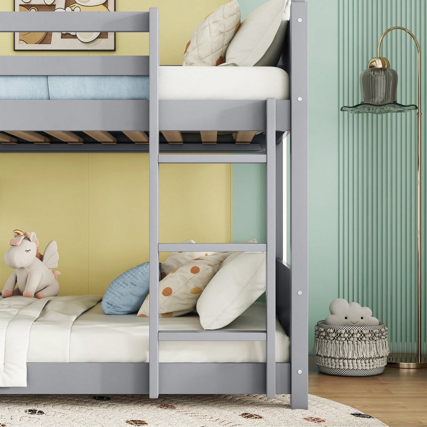 Twin Over Twin Bunk Bed With Headboards Footboards Guardrails And Ladder Rubber Wood Construction Light Grey