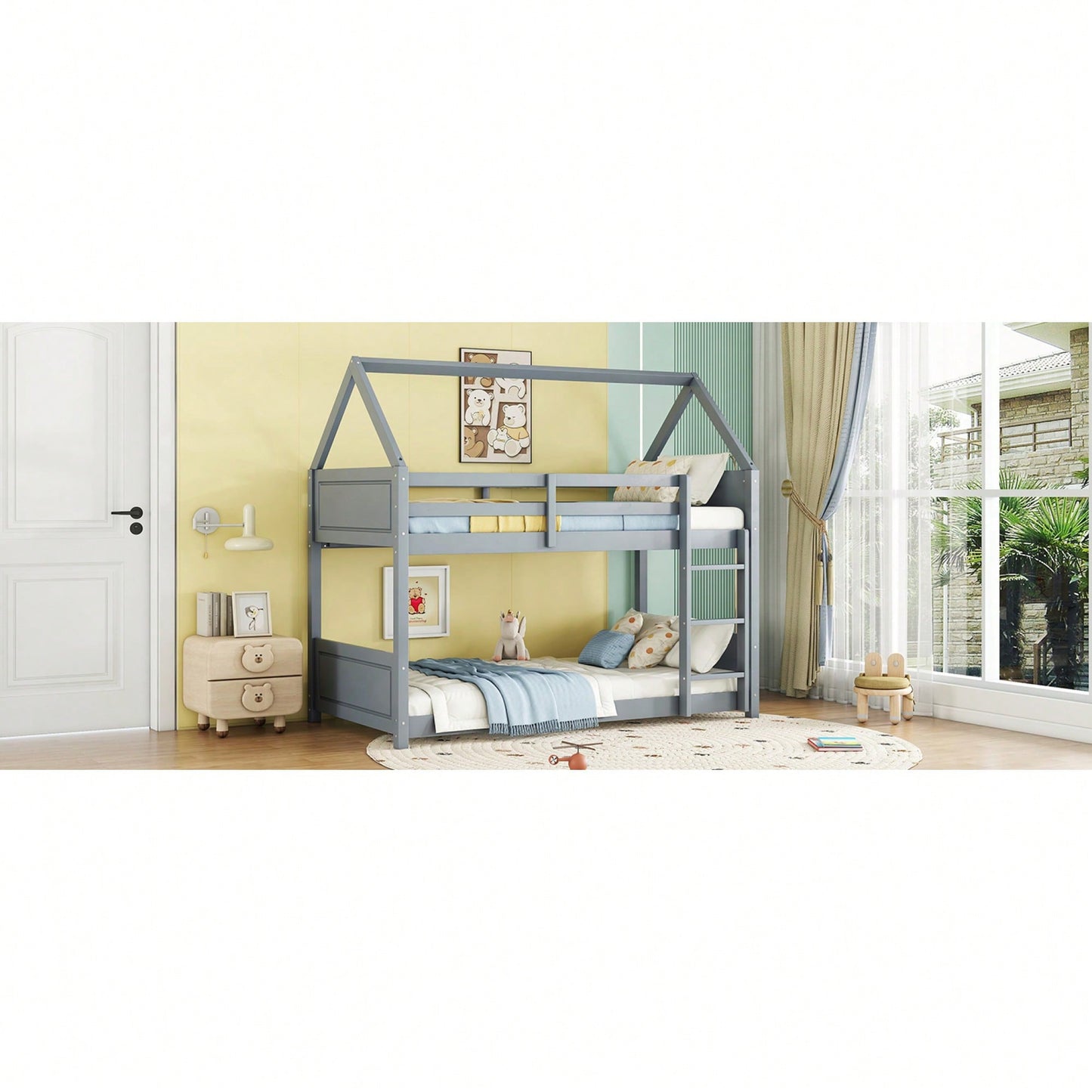 Twin Over Twin Bunk Bed With Headboards Footboards Guardrails And Ladder Rubber Wood Construction Light Grey