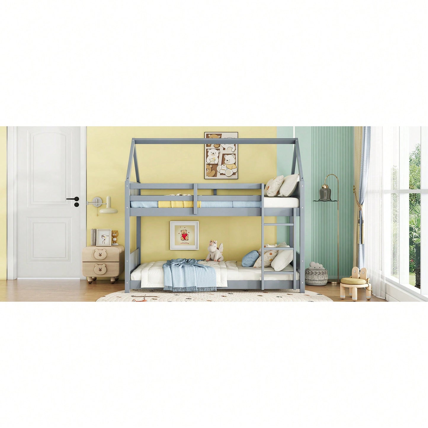 Twin Over Twin Bunk Bed With Headboards Footboards Guardrails And Ladder Rubber Wood Construction Light Grey