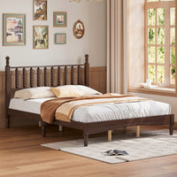 Retro White Queen Size Wood Platform Bed With Gourd Shaped Headboard And Wooden Slat Support