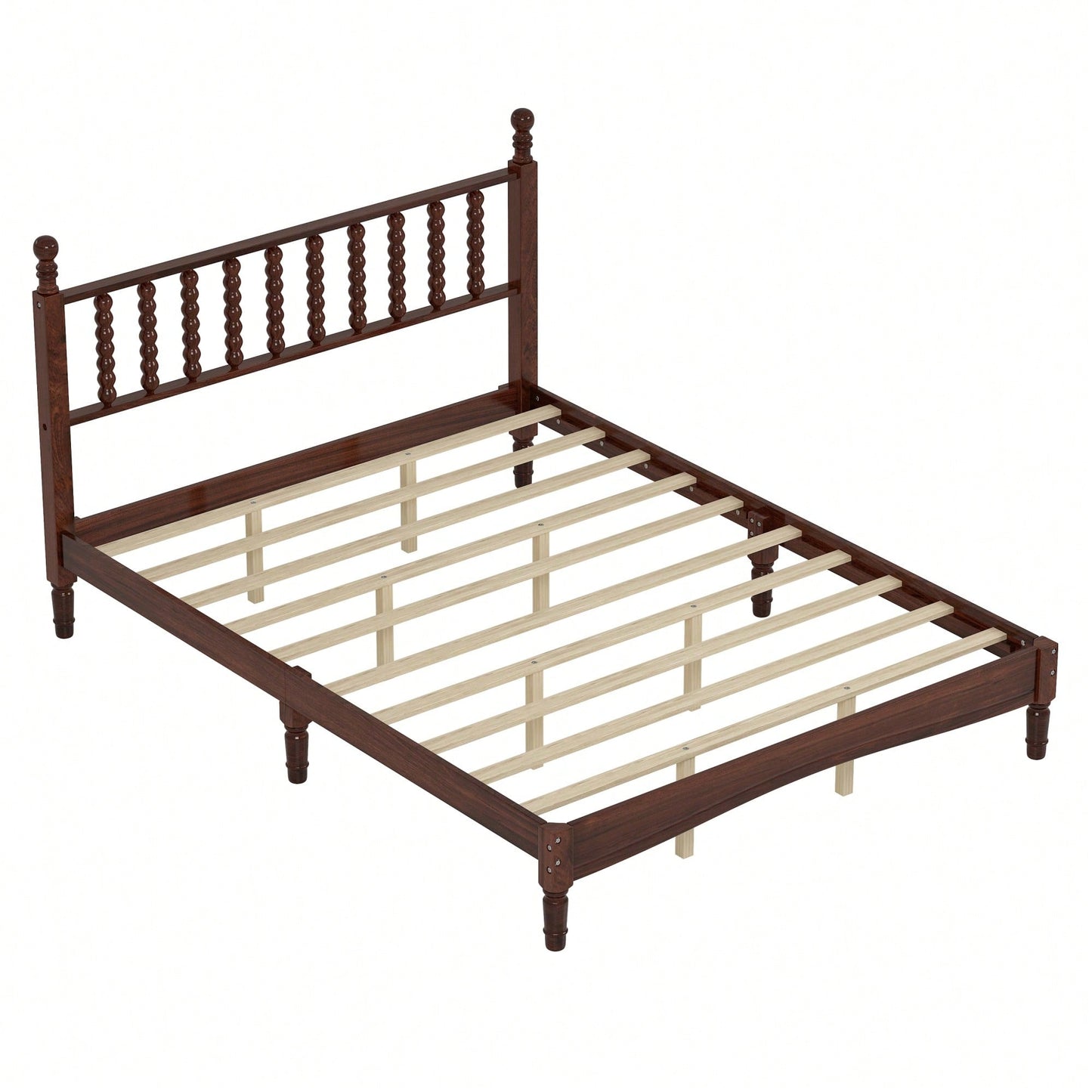 Retro White Queen Size Wood Platform Bed With Gourd Shaped Headboard And Wooden Slat Support