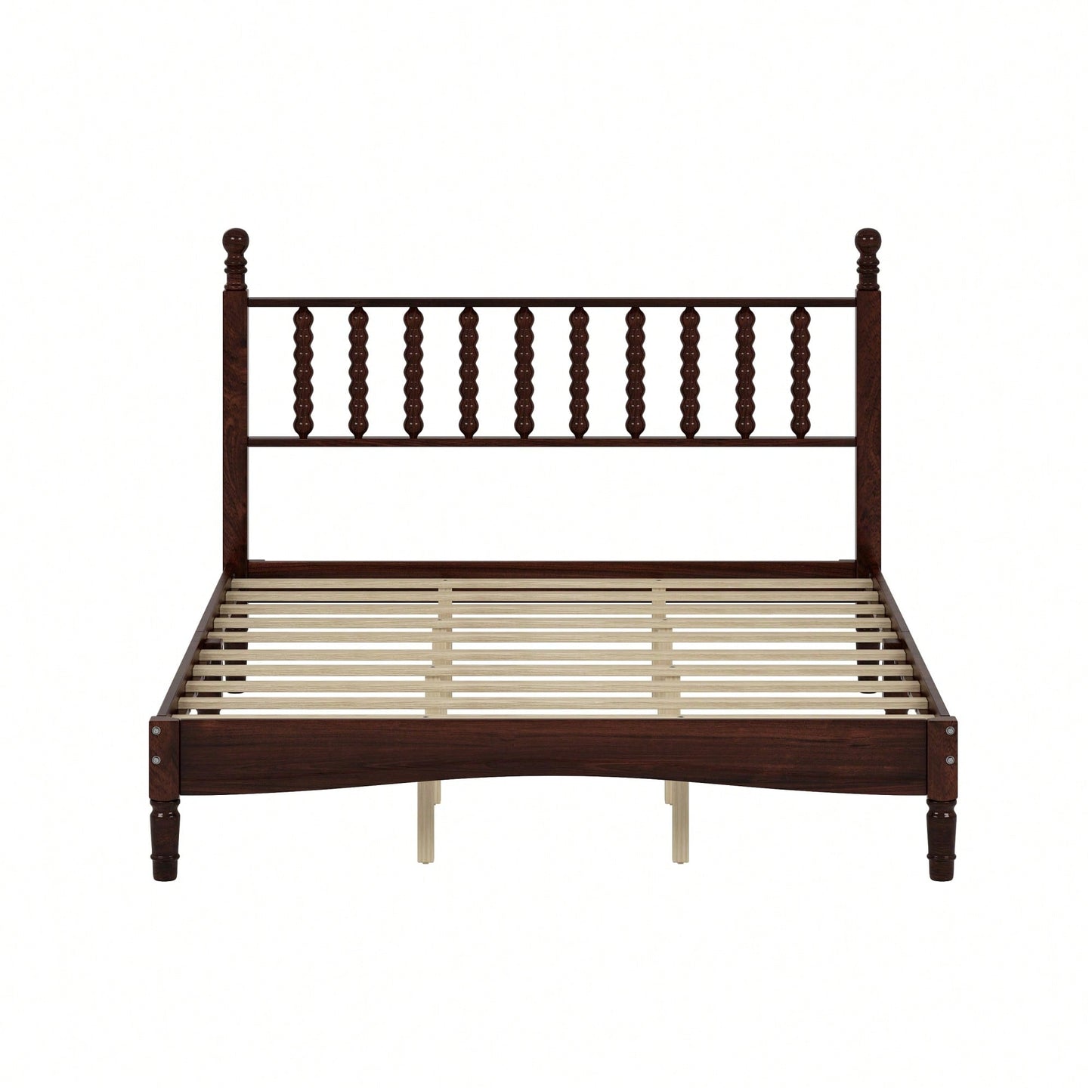 Retro White Queen Size Wood Platform Bed With Gourd Shaped Headboard And Wooden Slat Support