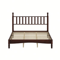 Retro White Queen Size Wood Platform Bed With Gourd Shaped Headboard And Wooden Slat Support