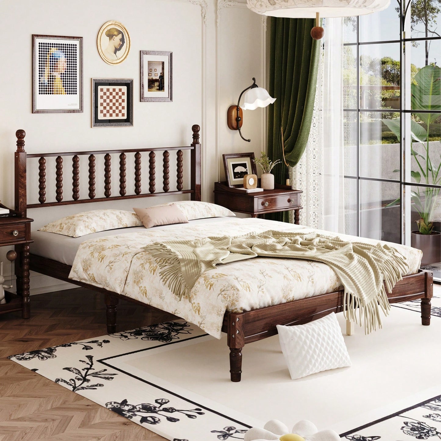 Retro White Queen Size Wood Platform Bed With Gourd Shaped Headboard And Wooden Slat Support