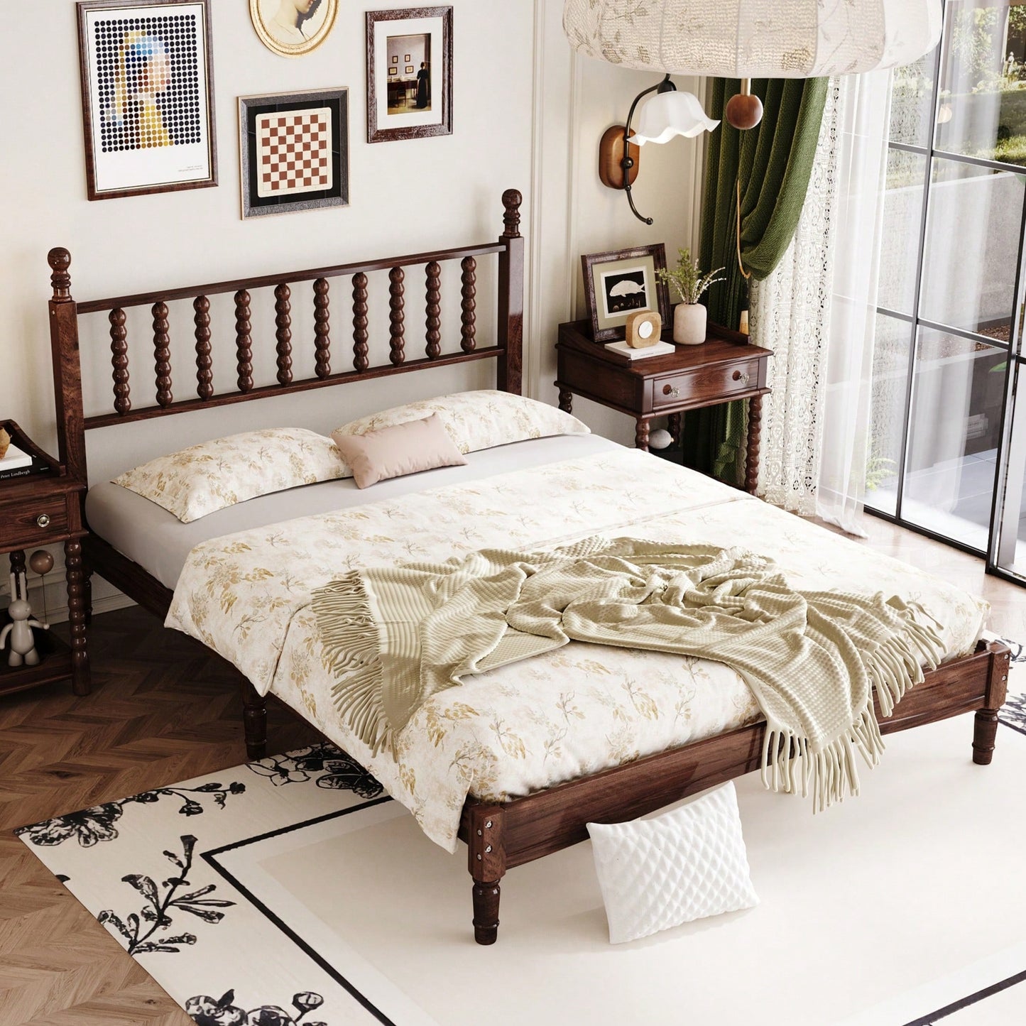 Retro White Queen Size Wood Platform Bed With Gourd Shaped Headboard And Wooden Slat Support