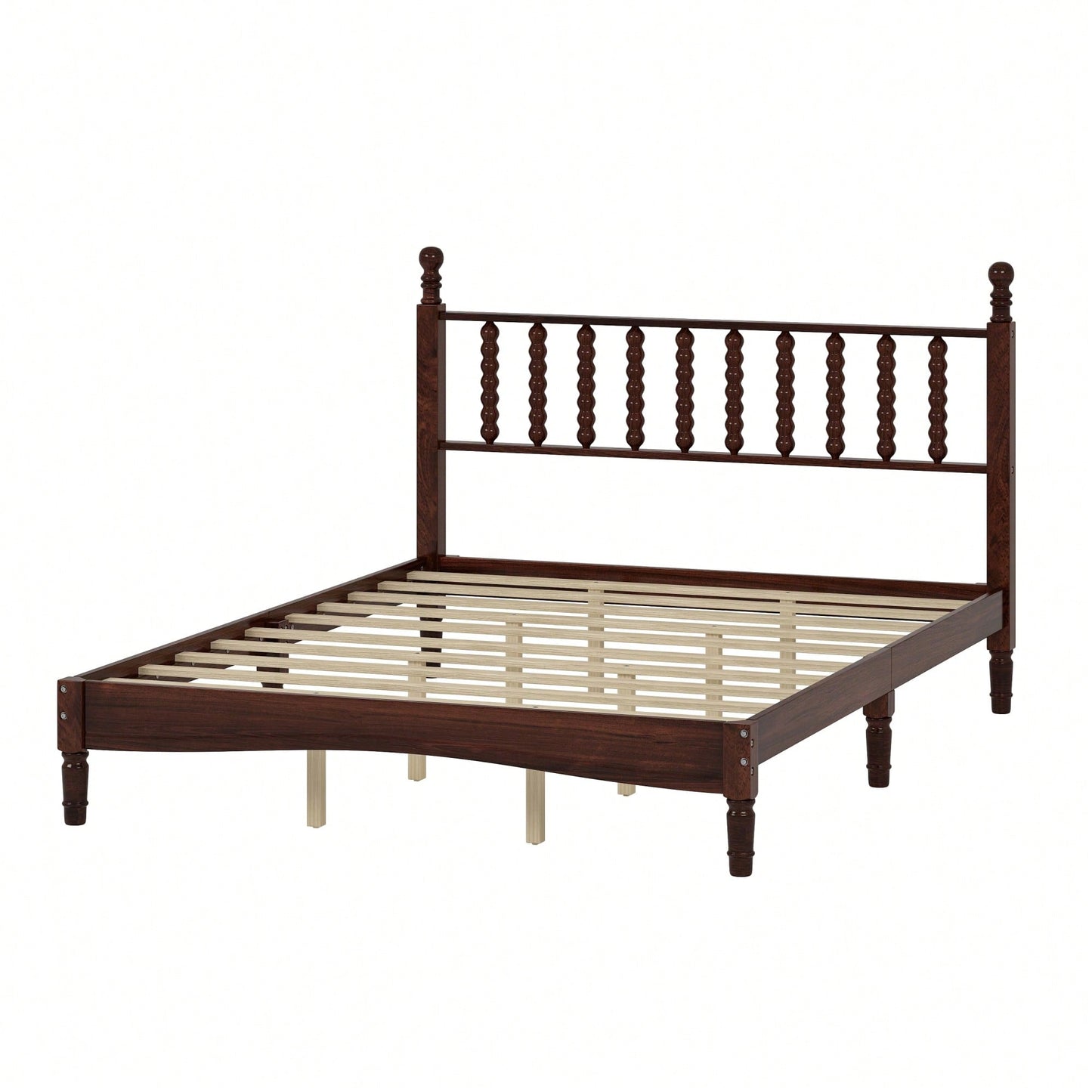 Retro White Queen Size Wood Platform Bed With Gourd Shaped Headboard And Wooden Slat Support