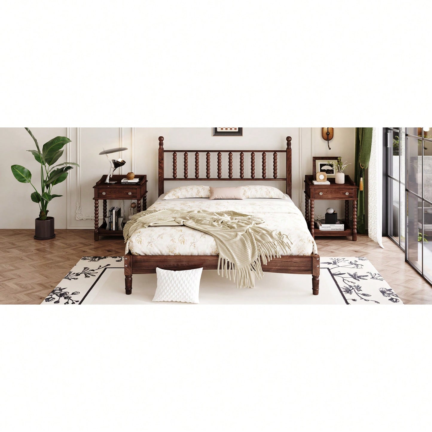 Retro White Queen Size Wood Platform Bed With Gourd Shaped Headboard And Wooden Slat Support