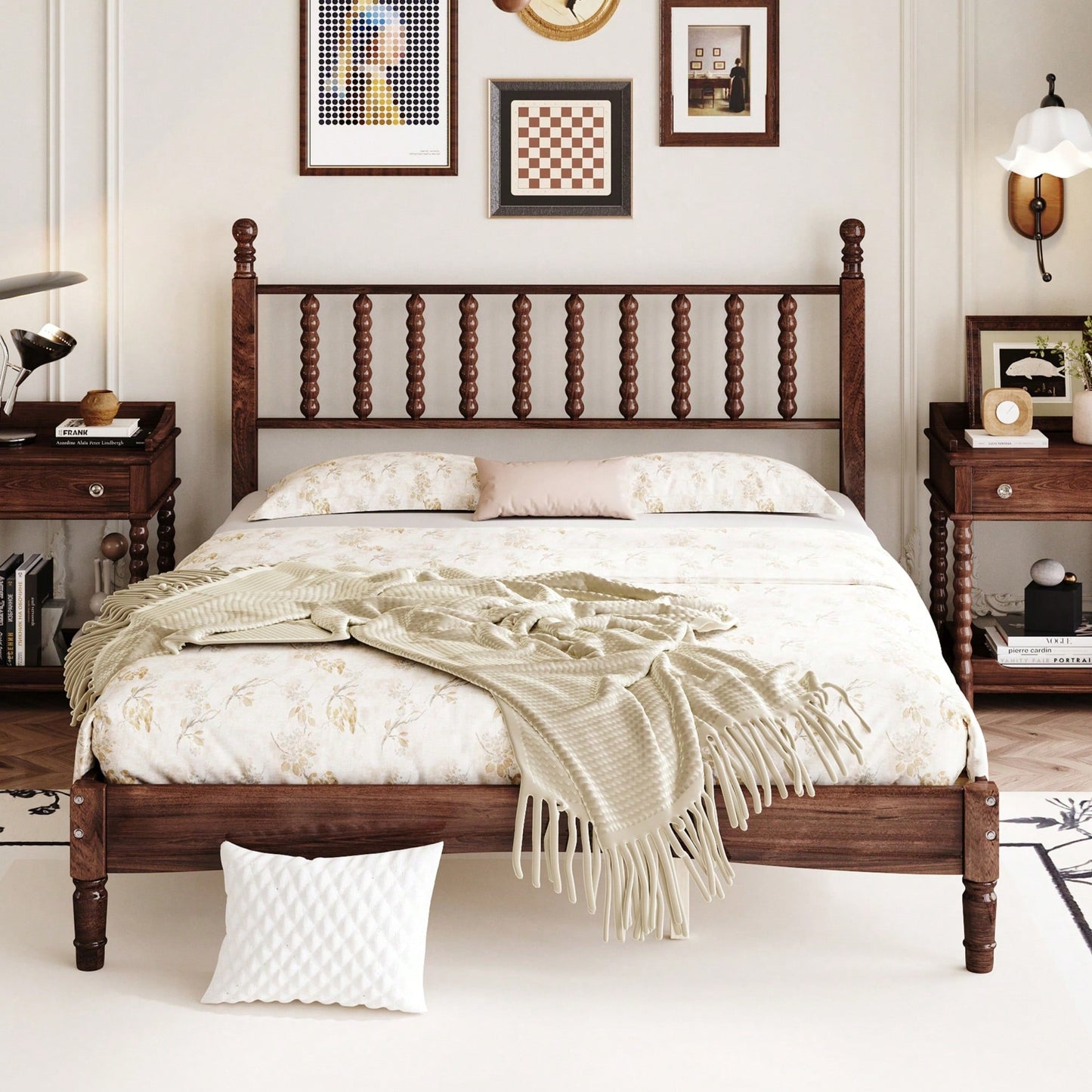 Retro White Queen Size Wood Platform Bed With Gourd Shaped Headboard And Wooden Slat Support