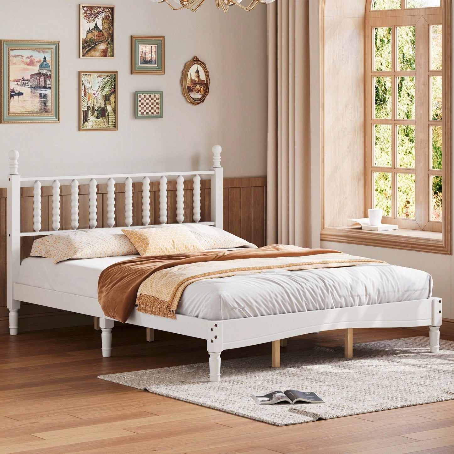 Retro White Queen Size Wood Platform Bed With Gourd Shaped Headboard And Wooden Slat Support