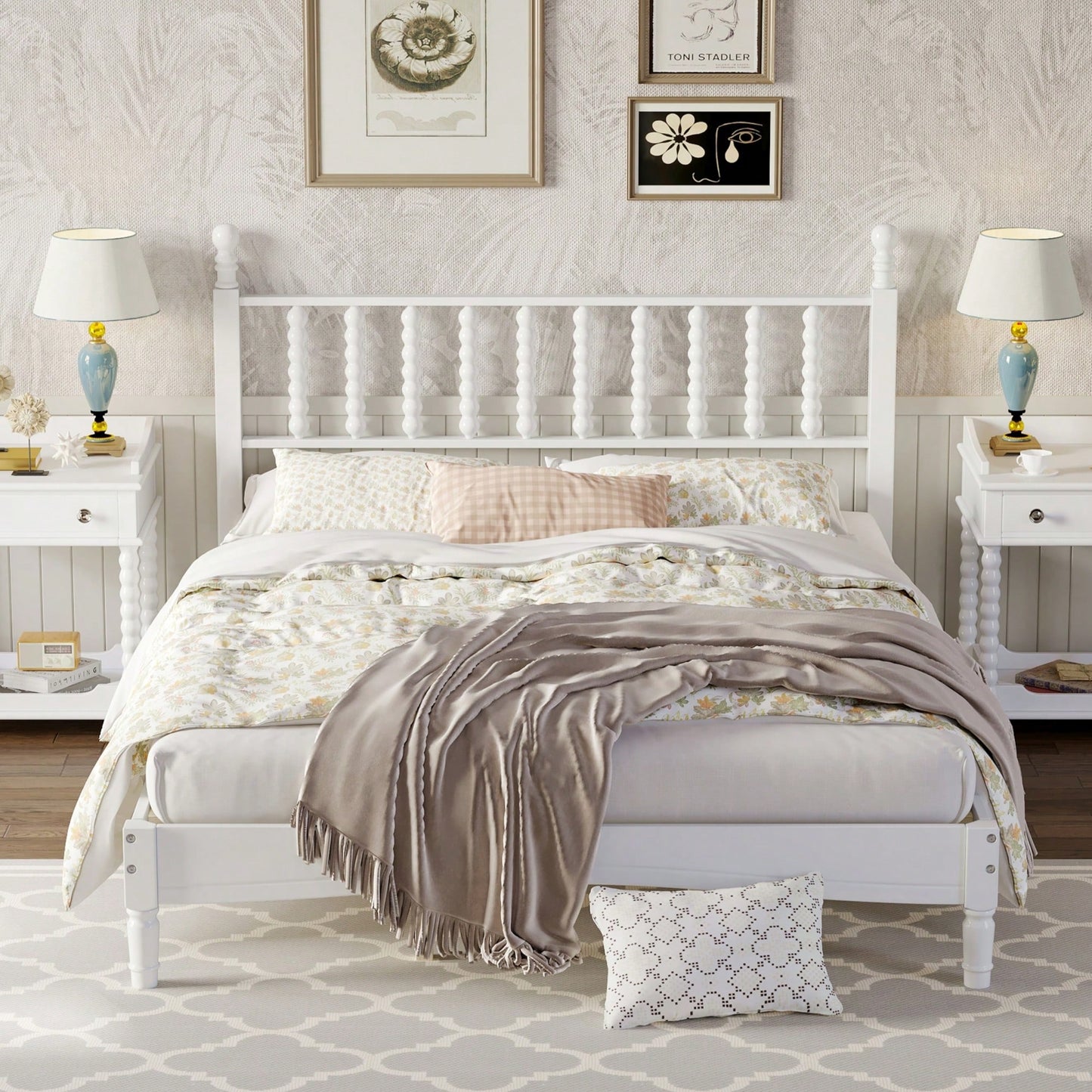 Retro White Queen Size Wood Platform Bed With Gourd Shaped Headboard And Wooden Slat Support