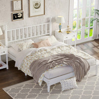 Retro White Queen Size Wood Platform Bed With Gourd Shaped Headboard And Wooden Slat Support