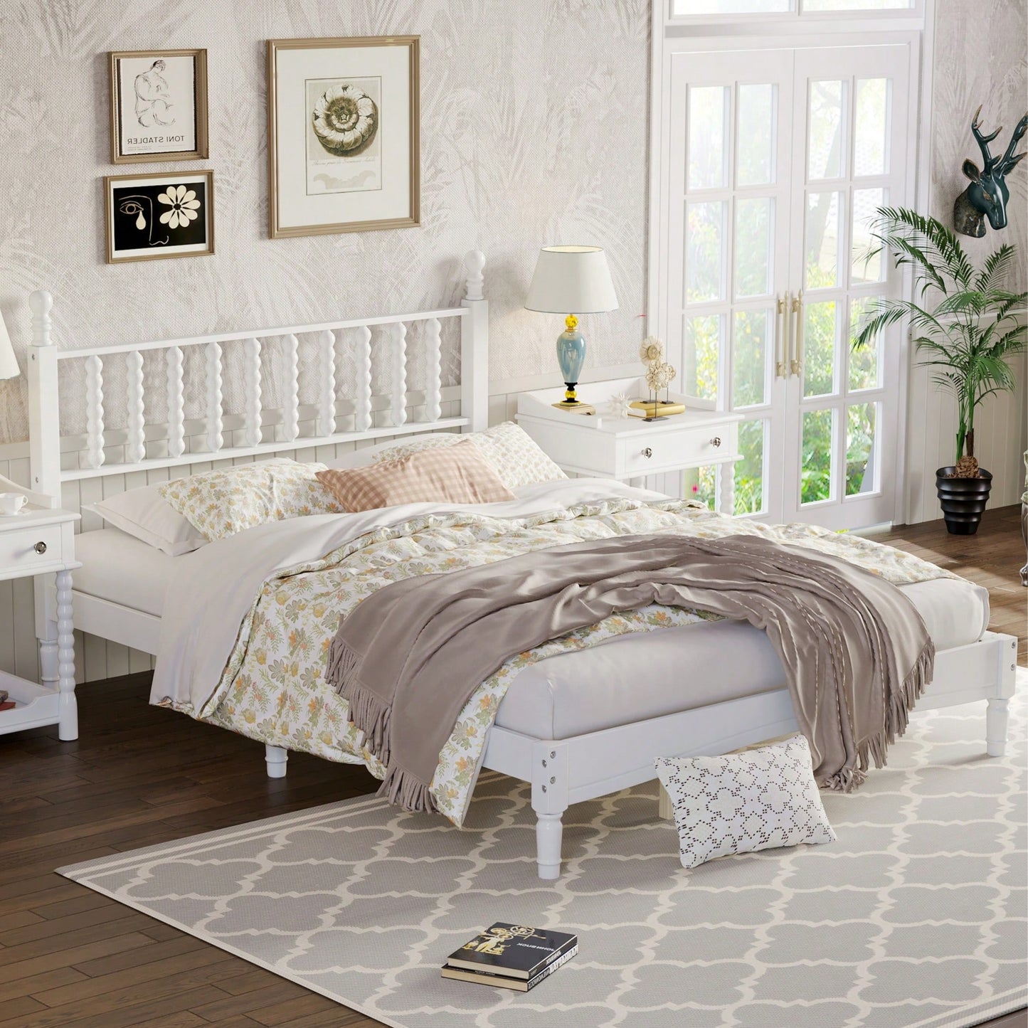 Retro White Queen Size Wood Platform Bed With Gourd Shaped Headboard And Wooden Slat Support