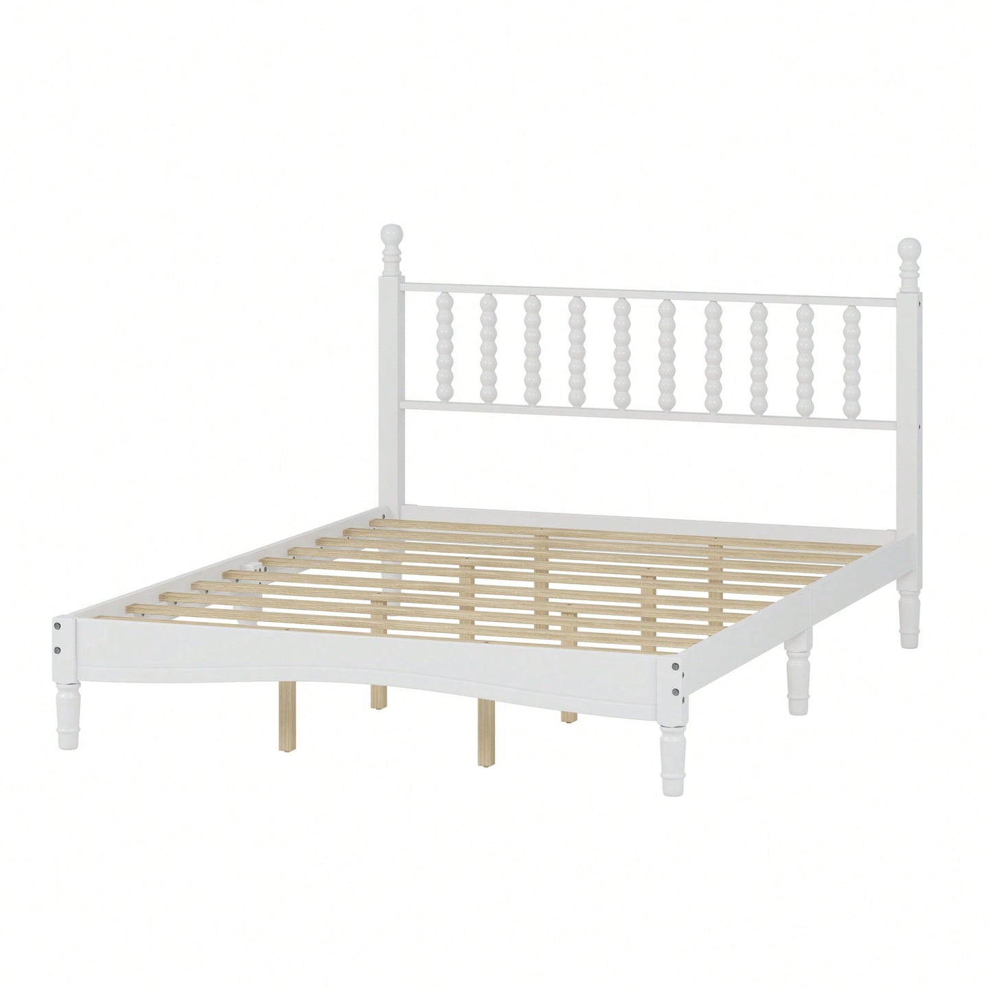 Retro White Queen Size Wood Platform Bed With Gourd Shaped Headboard And Wooden Slat Support