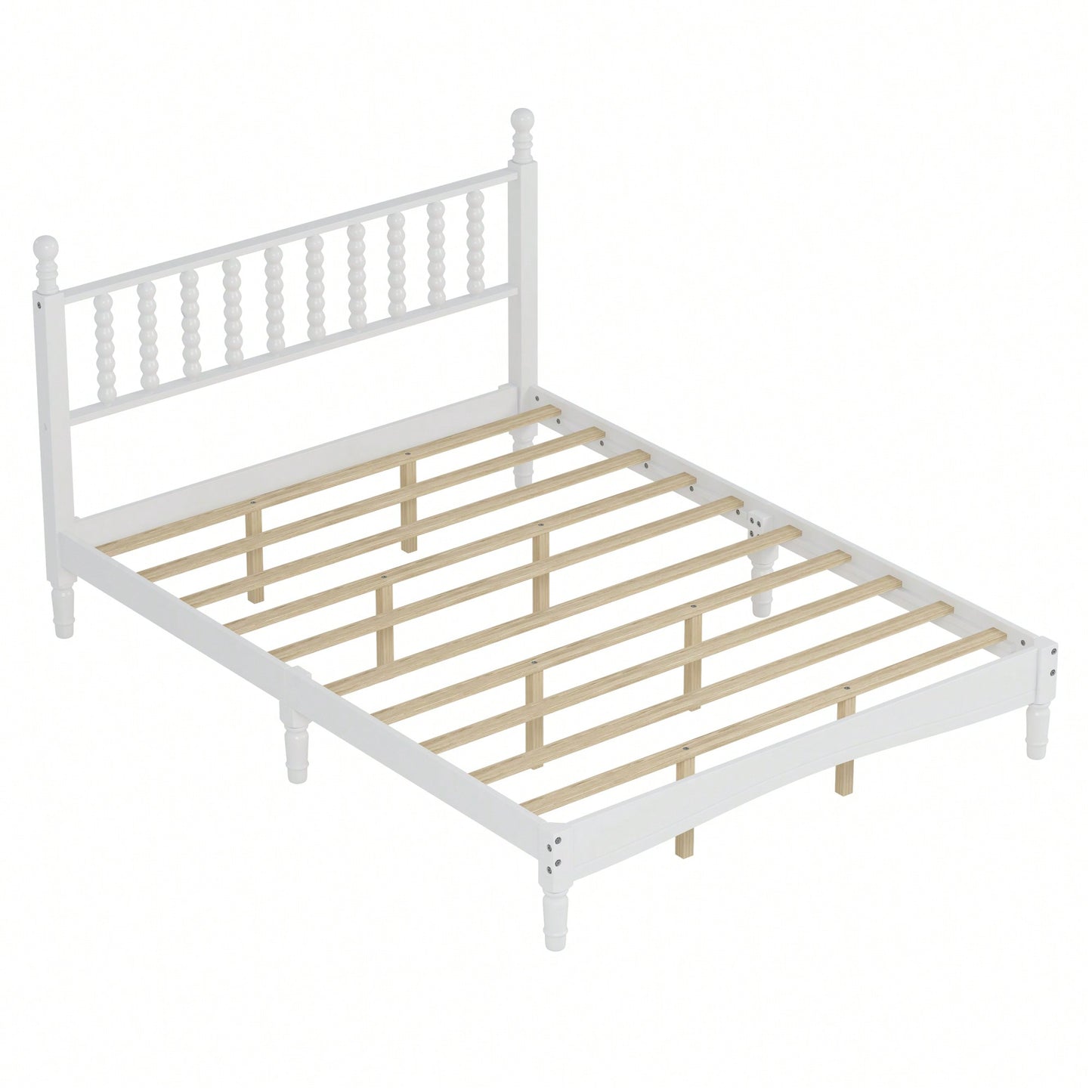 Retro White Queen Size Wood Platform Bed With Gourd Shaped Headboard And Wooden Slat Support