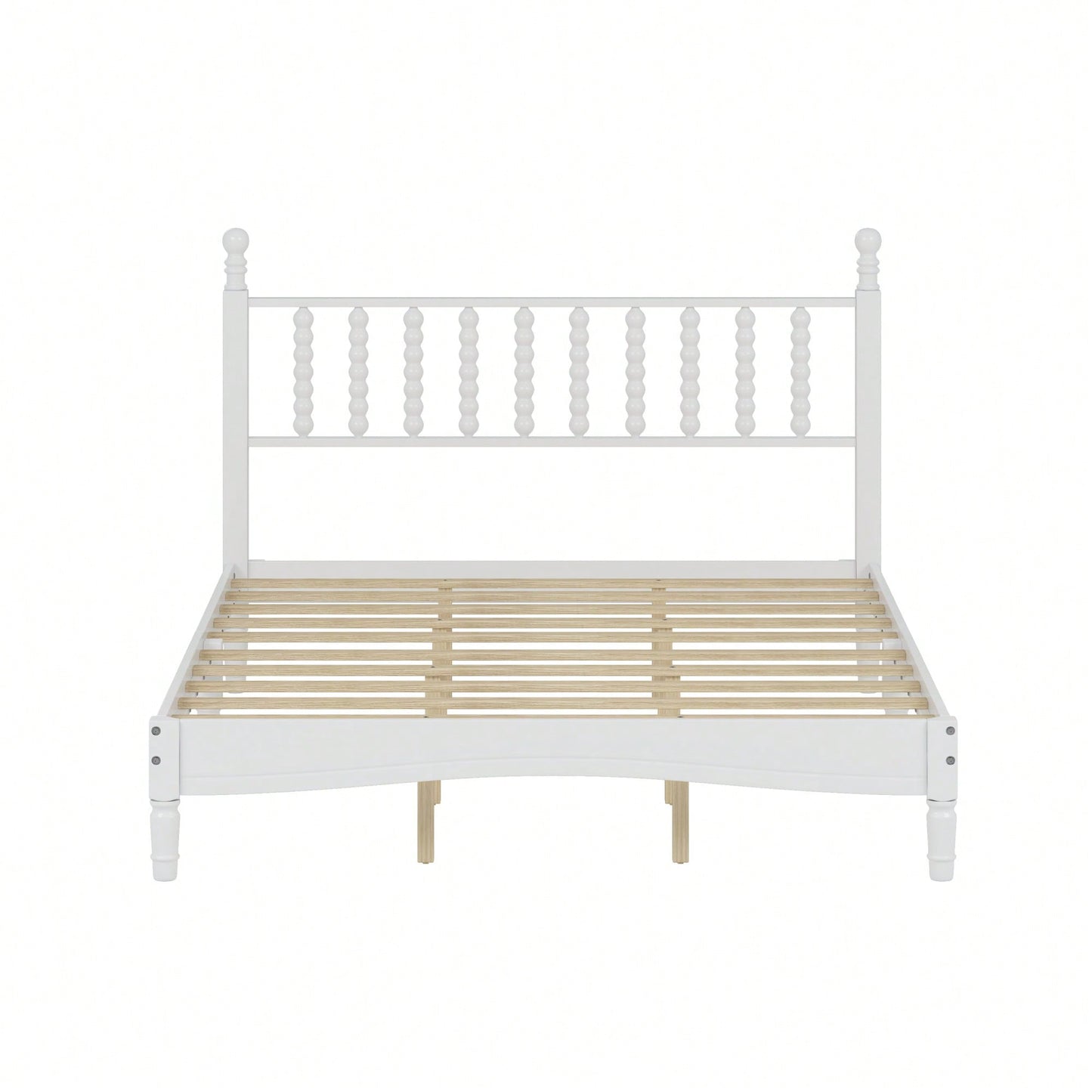 Retro White Queen Size Wood Platform Bed With Gourd Shaped Headboard And Wooden Slat Support