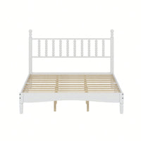 Retro White Queen Size Wood Platform Bed With Gourd Shaped Headboard And Wooden Slat Support