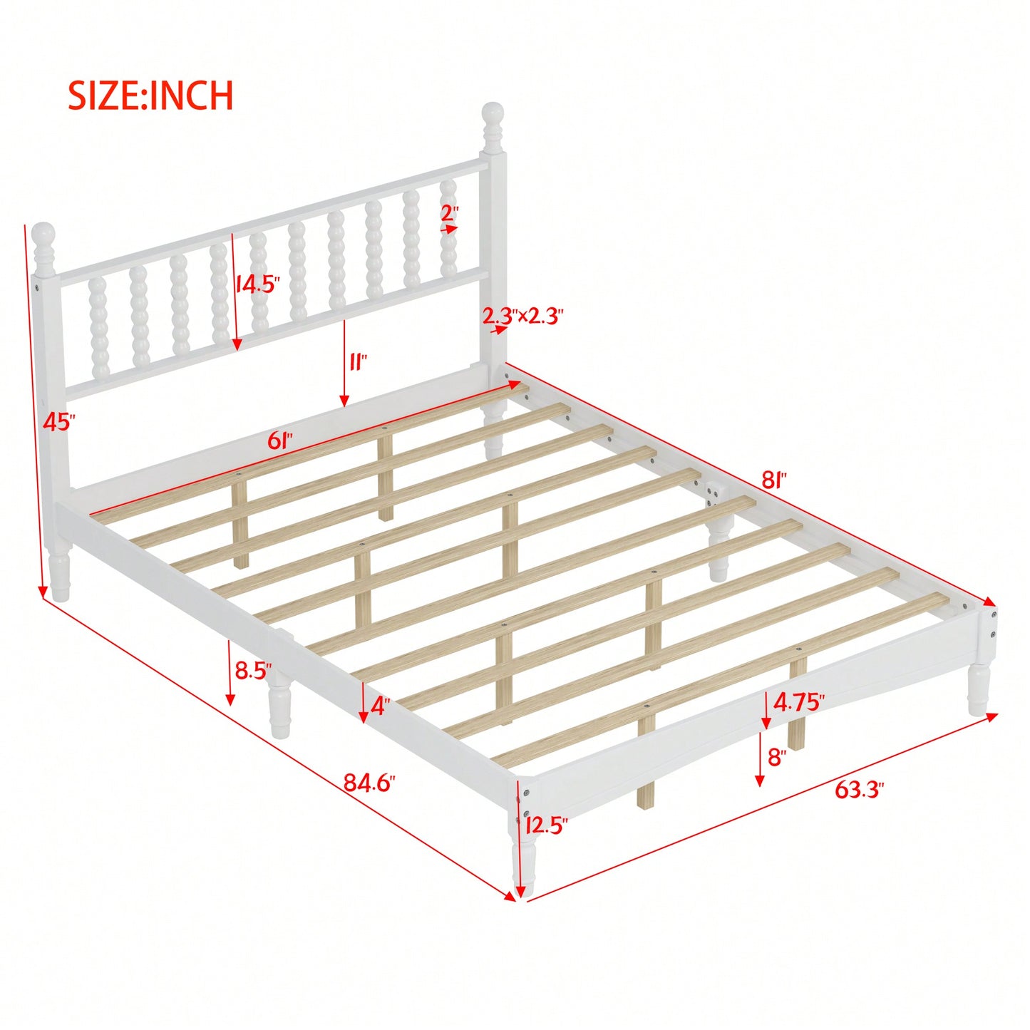 Retro White Queen Size Wood Platform Bed With Gourd Shaped Headboard And Wooden Slat Support