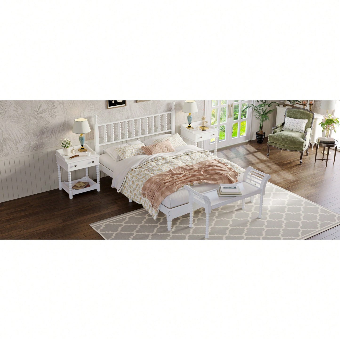 Retro White Queen Size Wood Platform Bed With Gourd Shaped Headboard And Wooden Slat Support