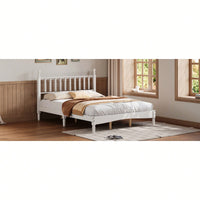 Retro White Queen Size Wood Platform Bed With Gourd Shaped Headboard And Wooden Slat Support