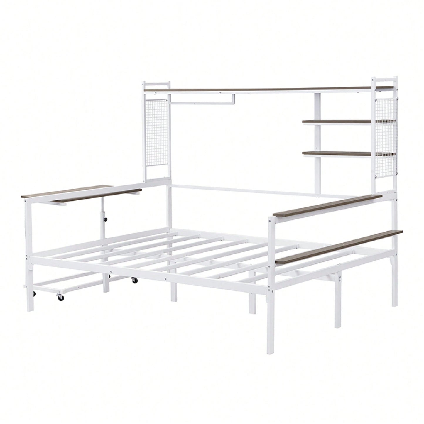 Versatile Metal Daybed With Adjustable Desk, Shelving Units, And Clothes Hanger In Black Finish