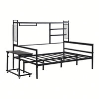 Versatile Metal Daybed With Adjustable Desk, Shelving Units, And Clothes Hanger In Black Finish