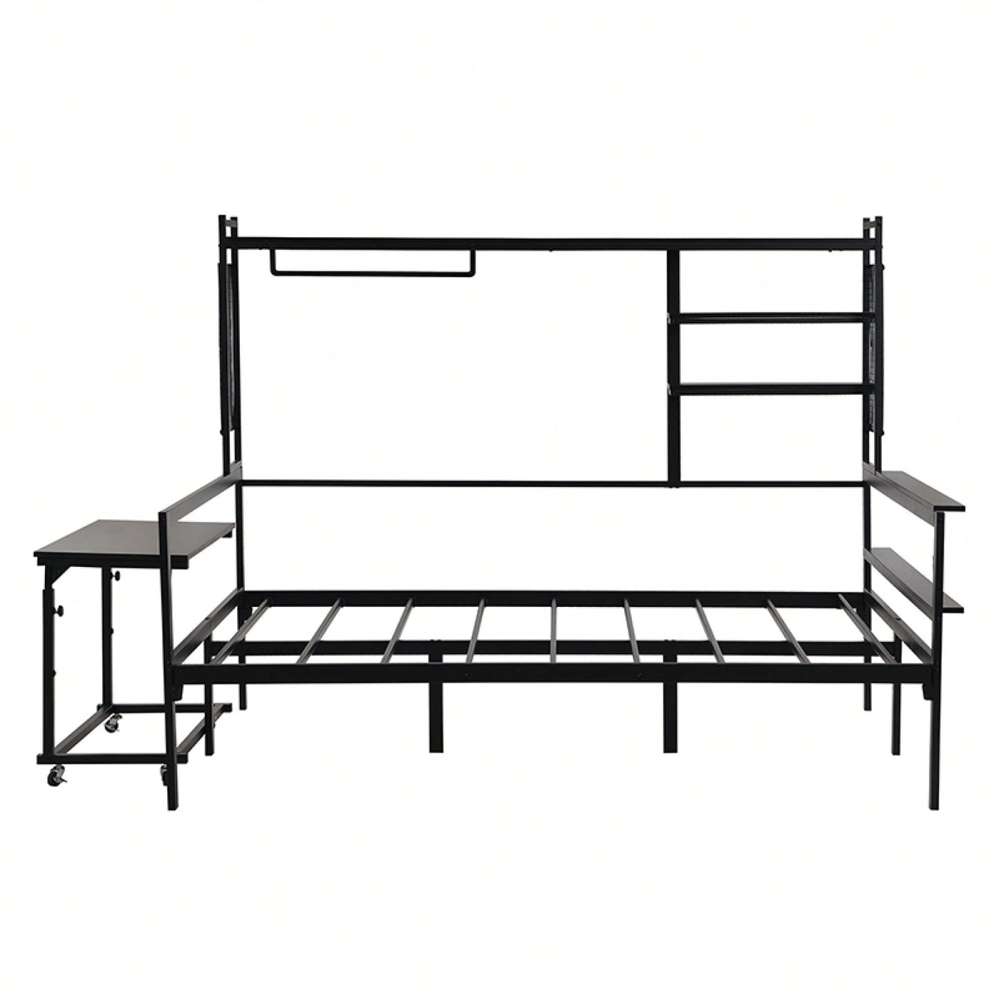 Versatile Metal Daybed With Adjustable Desk, Shelving Units, And Clothes Hanger In Black Finish