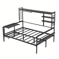 Versatile Metal Daybed With Adjustable Desk, Shelving Units, And Clothes Hanger In Black Finish