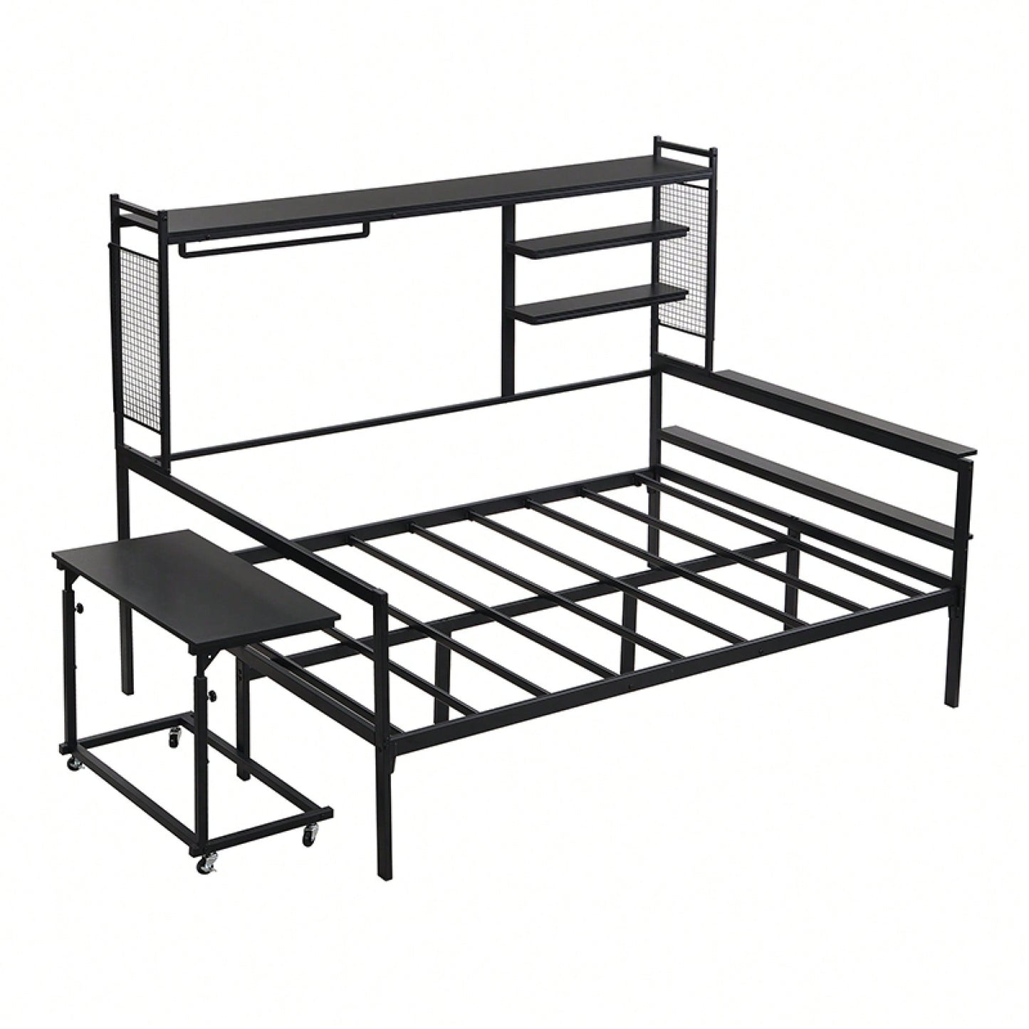 Versatile Metal Daybed With Adjustable Desk, Shelving Units, And Clothes Hanger In Black Finish