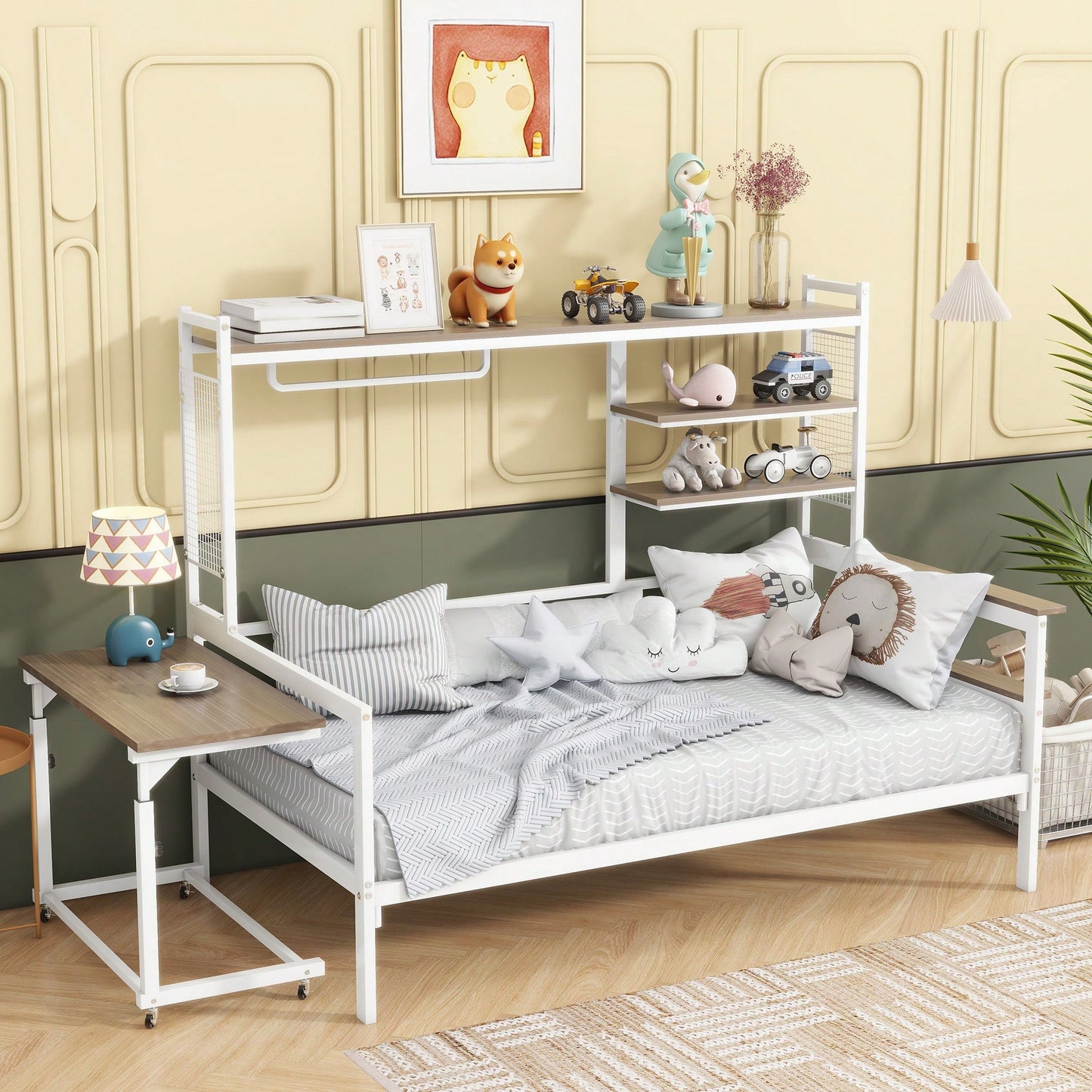 Versatile Twin Size Metal Daybed With Movable Desk, Metal Grid Design, Shelves And Clothes Hanger In White