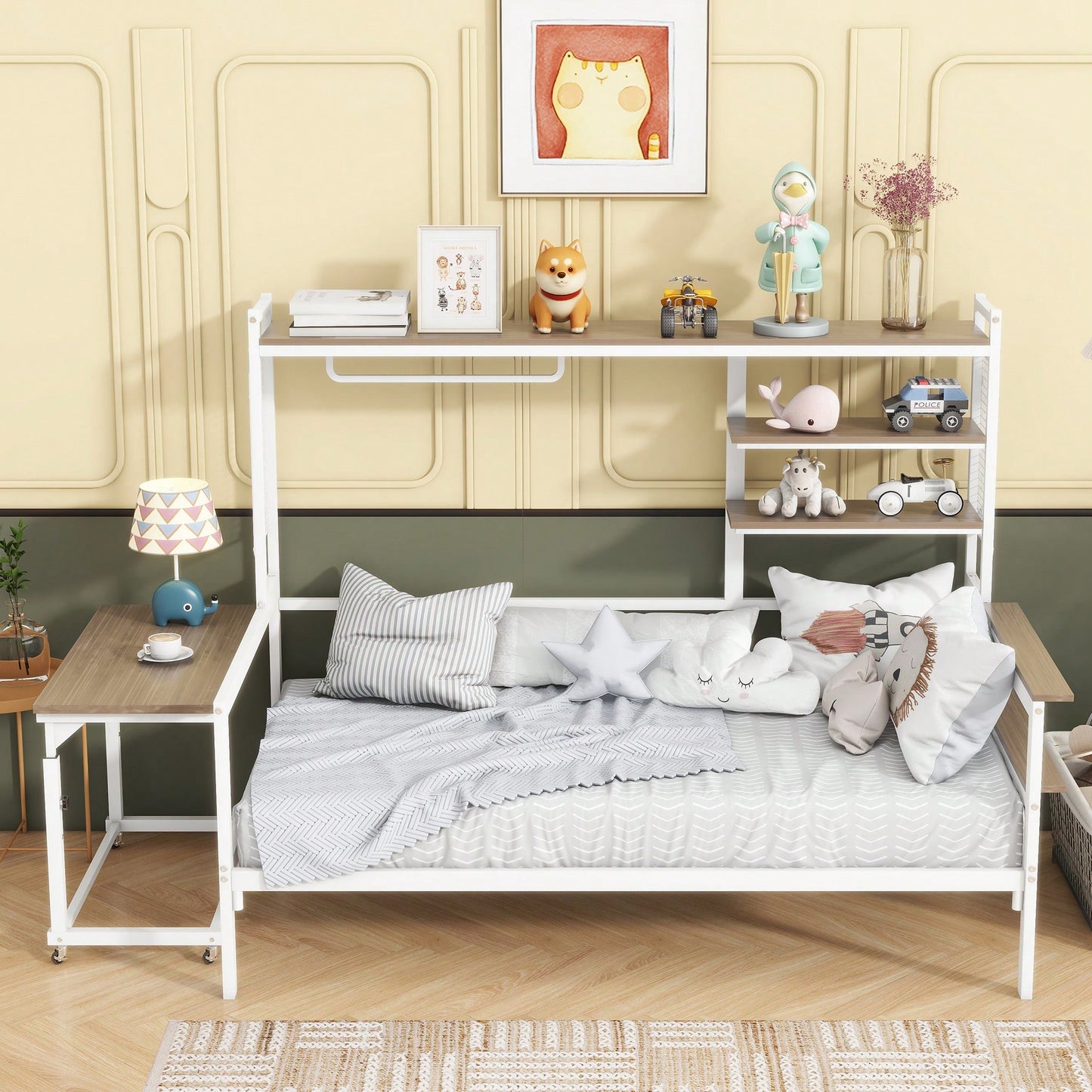 Versatile Twin Size Metal Daybed With Movable Desk, Metal Grid Design, Shelves And Clothes Hanger In White