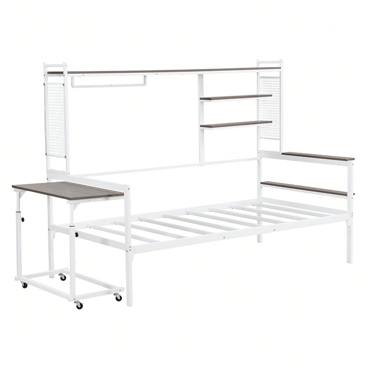 Versatile Twin Size Metal Daybed With Movable Desk, Metal Grid Design, Shelves And Clothes Hanger In White