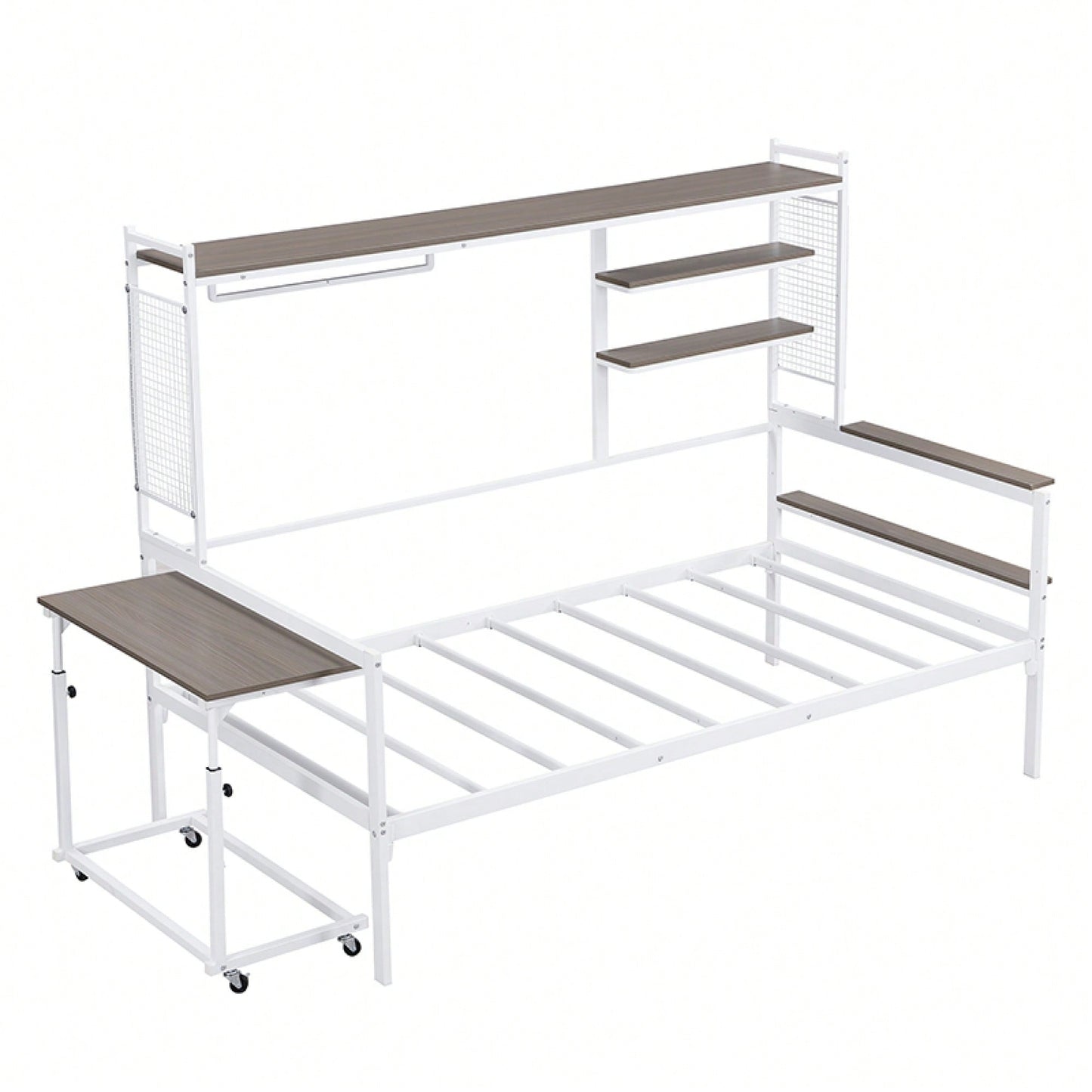 Versatile Twin Size Metal Daybed With Movable Desk, Metal Grid Design, Shelves And Clothes Hanger In White