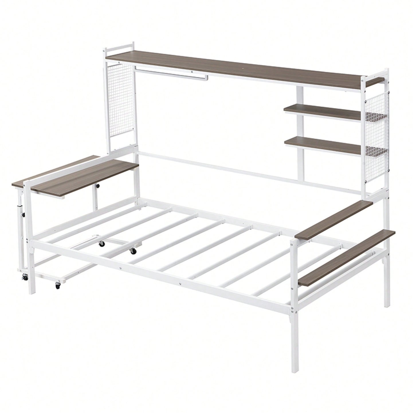 Versatile Twin Size Metal Daybed With Movable Desk, Metal Grid Design, Shelves And Clothes Hanger In White