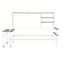 Versatile Twin Size Metal Daybed With Movable Desk, Metal Grid Design, Shelves And Clothes Hanger In White