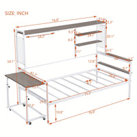 Versatile Twin Size Metal Daybed With Movable Desk, Metal Grid Design, Shelves And Clothes Hanger In White