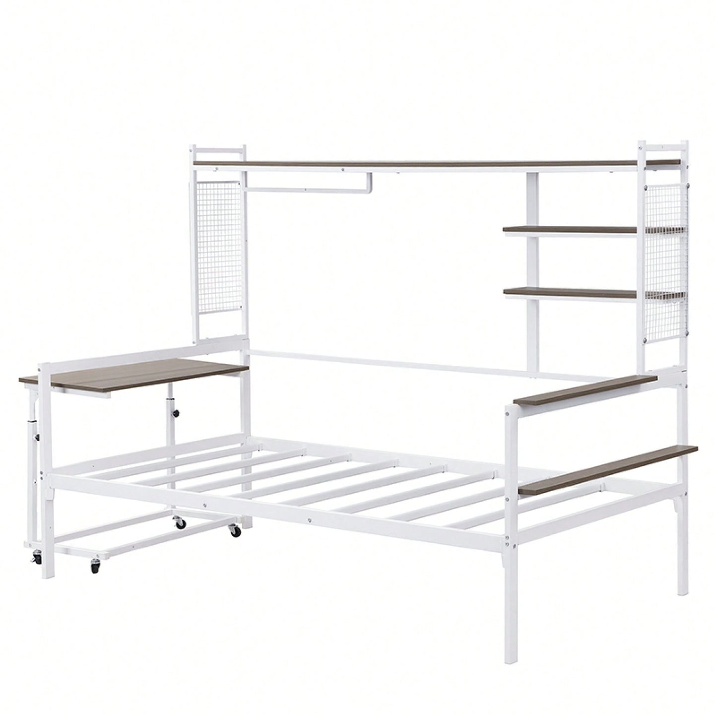 Versatile Twin Size Metal Daybed With Movable Desk, Metal Grid Design, Shelves And Clothes Hanger In White