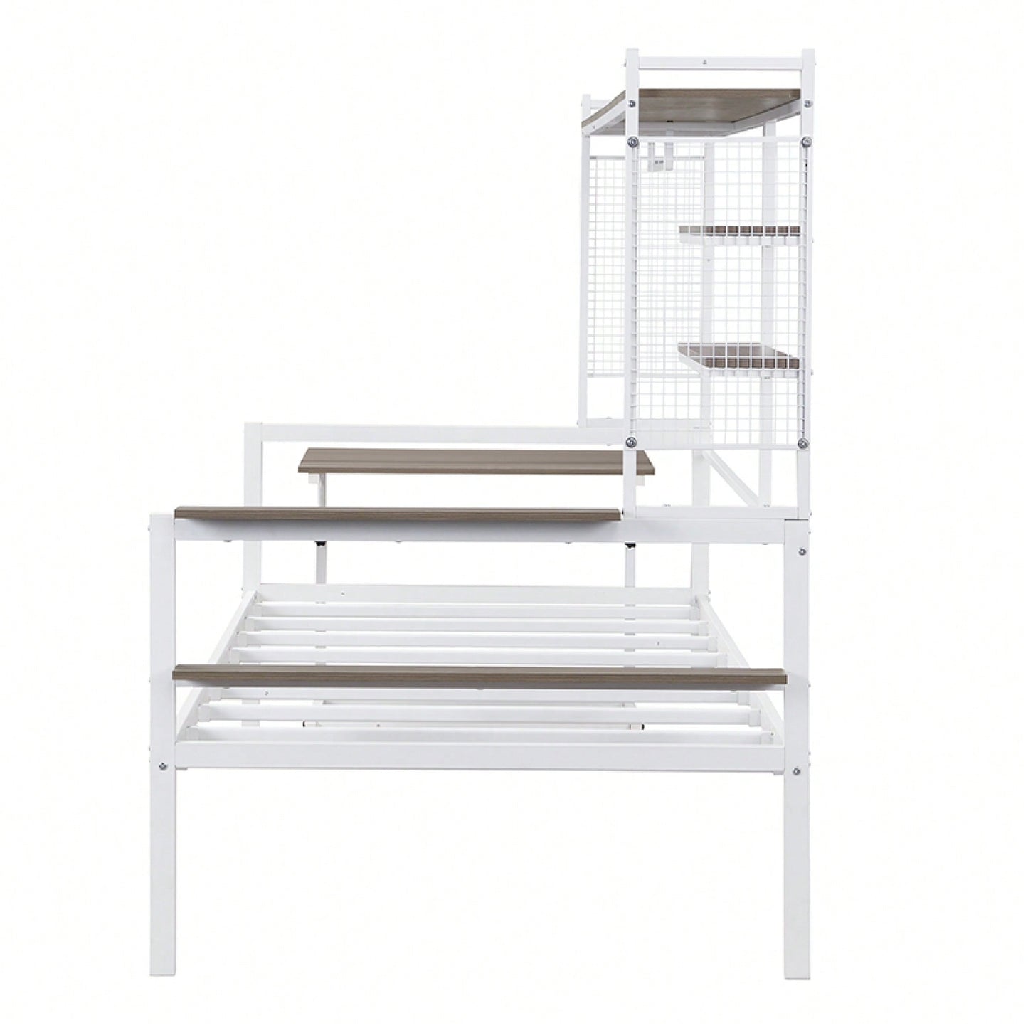 Versatile Twin Size Metal Daybed With Movable Desk, Metal Grid Design, Shelves And Clothes Hanger In White