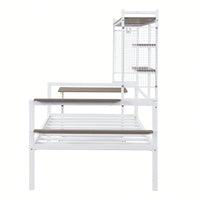 Versatile Twin Size Metal Daybed With Movable Desk, Metal Grid Design, Shelves And Clothes Hanger In White