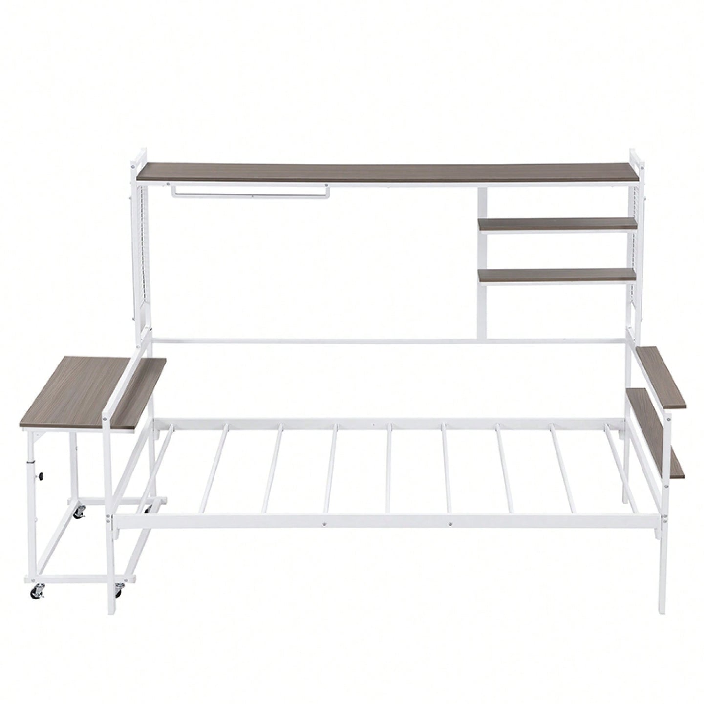 Versatile Twin Size Metal Daybed With Movable Desk, Metal Grid Design, Shelves And Clothes Hanger In White